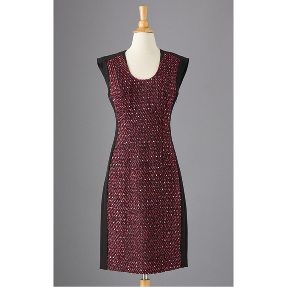 J. Peterman Most Flattering Tweed Dress Black Burgundy Classic Sheath Size 8 - Picture 7 of 7